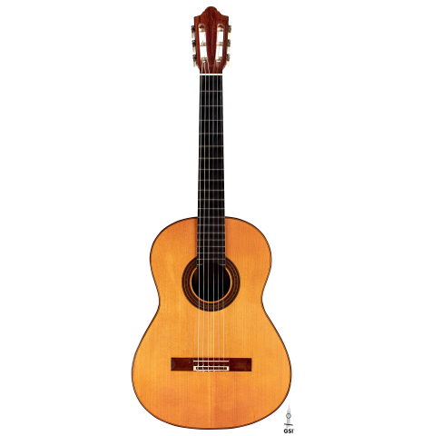 The front of a 1965 Daniel Friederich classical guitar made of spruce and CSA rosewood