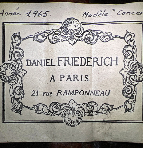 The label of a 1965 Daniel Friederich classical guitar made of spruce and CSA rosewood