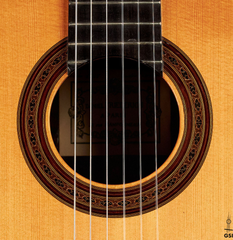 The rosette of a 1965 Daniel Friederich classical guitar made of spruce and CSA rosewood