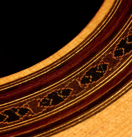 The rosette of a 1965 Daniel Friederich classical guitar made of spruce and CSA rosewood