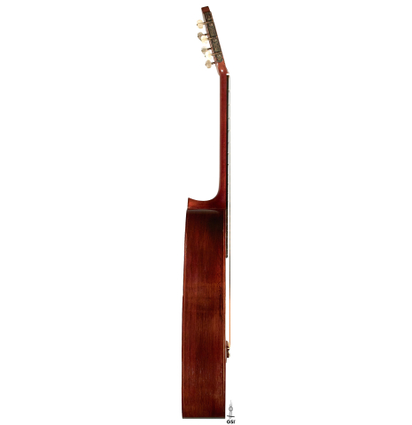 The side of a 1965 Daniel Friederich classical guitar made of spruce and CSA rosewood