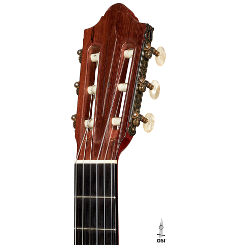 The headstock of a 1965 Daniel Friederich classical guitar made of spruce and CSA rosewood