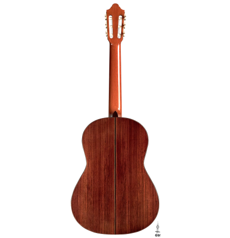 The back of a 1994 Daniel Friederich classical guitar made of cedar and Indian rosewood.