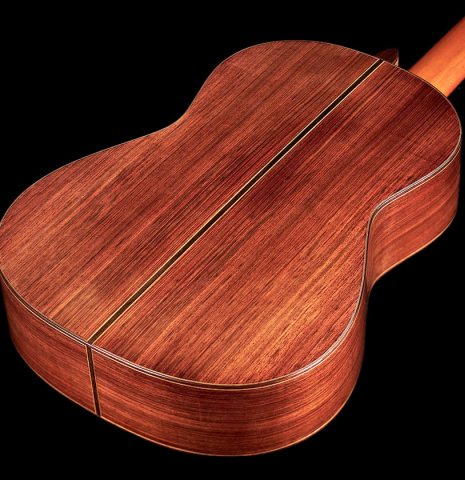 The back of a 1994 Daniel Friederich classical guitar made of cedar and Indian rosewood.