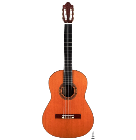 The front of a 1994 Daniel Friederich classical guitar made of cedar and Indian rosewood.