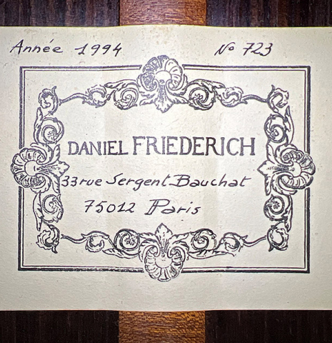 The label of a 1994 Daniel Friederich classical guitar made of cedar and Indian rosewood.