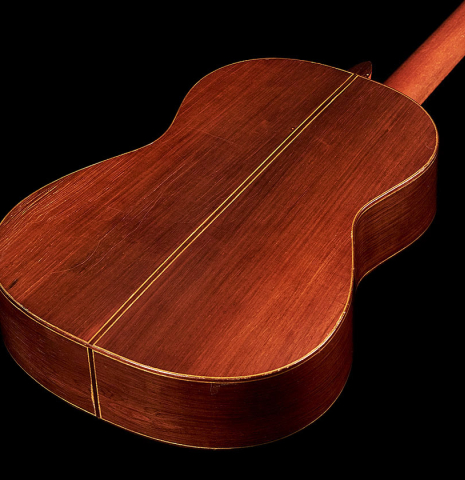 The back of a 1964 Daniel Friederich "Recital" classical guitar made with spruce and CSA rosewood.