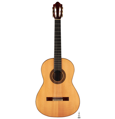 The front of a 1964 Daniel Friederich "Recital" classical guitar made with spruce and CSA rosewood.