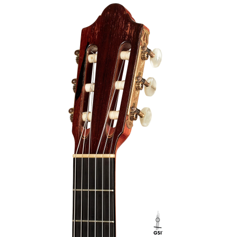The headstock of a 1964 Daniel Friederich "Recital" classical guitar made with spruce and CSA rosewood.
