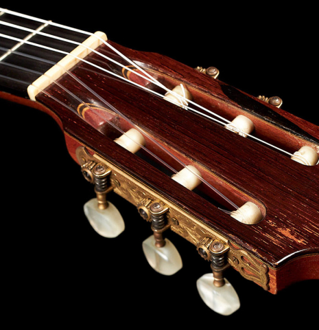 The headstock of a 1964 Daniel Friederich "Recital" classical guitar made with spruce and CSA rosewood.