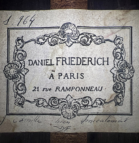 The label of a 1964 Daniel Friederich "Recital" classical guitar made with spruce and CSA rosewood.