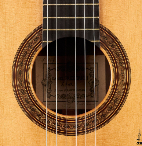 The rosette of a 1964 Daniel Friederich "Recital" classical guitar made with spruce and CSA rosewood.
