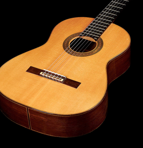 The soundboard of a 1964 Daniel Friederich "Recital" classical guitar made with spruce and CSA rosewood.