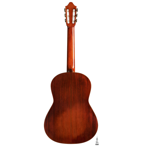 The back of a 1984 Daniel Friederich classical guitar made of cedar and Indian rosewood.