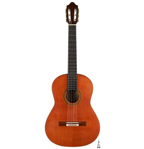 The front of a 1984 Daniel Friederich classical guitar made of cedar and Indian rosewood.