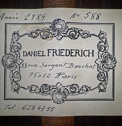The label of a 1984 Daniel Friederich classical guitar made of cedar and Indian rosewood.