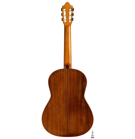 The back of a 1988 Daniel Friederich (ex Roberto Aussel) classical guitar made of cedar and Indian rosewood.