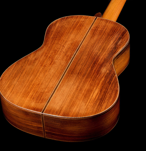 The back and sides of a 1988 Daniel Friederich (ex Roberto Aussel) classical guitar made of cedar and Indian rosewood.