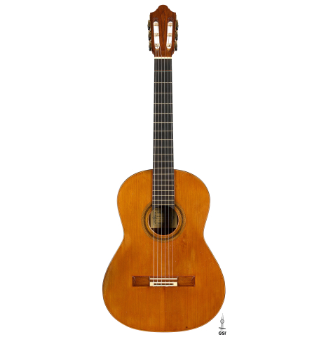 The front of a 1988 Daniel Friederich (ex Roberto Aussel) classical guitar made of cedar and Indian rosewood.