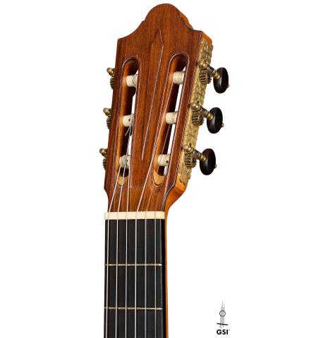 The headstock of a 1988 Daniel Friederich (ex Roberto Aussel) classical guitar made of cedar and Indian rosewood.