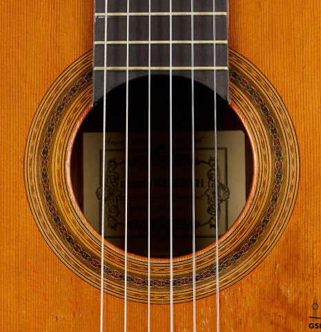 The rosette of a 1988 Daniel Friederich (ex Roberto Aussel) classical guitar made of cedar and Indian rosewood.