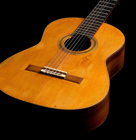 The soundboard and sides of a 1988 Daniel Friederich (ex Roberto Aussel) classical guitar made of cedar and Indian rosewood.