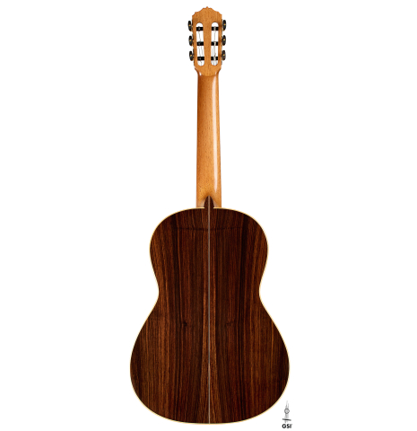 The back of a 2025 Liuteria Frignani "1910 Manuel Ramirez" classical guitar made of spruce and Indian rosewood