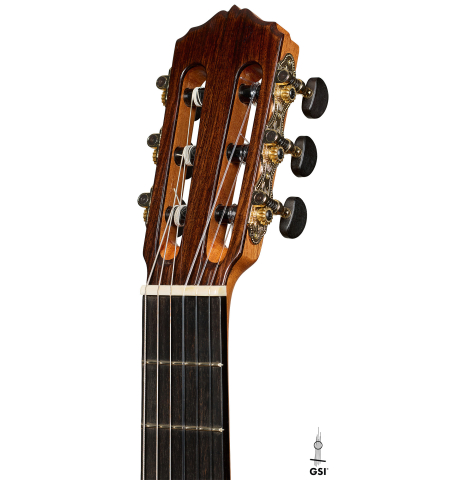 The headstock of a 2025 Liuteria Frignani "1910 Manuel Ramirez" classical guitar made of spruce and Indian rosewood