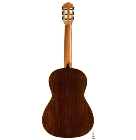 The back of a 2026 Liuteria Frignani "1910 Manuel Ramirez" classical guitar made of spruce and Indian rosewood