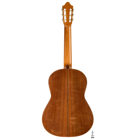 The back of a 1975 Daniel Friederich classical guitar made of cedar and Indian rosewood