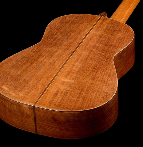 The back and sides of a 1975 Daniel Friederich classical guitar made of cedar and Indian rosewood