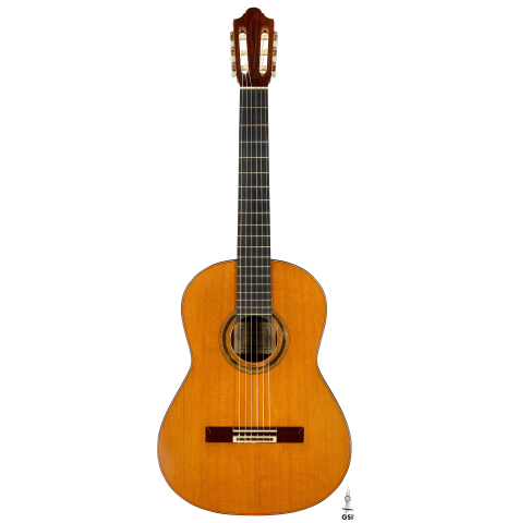 The front of a 1975 Daniel Friederich classical guitar made of cedar and Indian rosewood