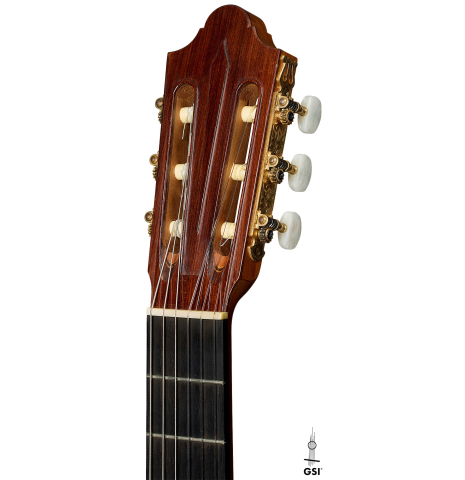 The headstock of a 1975 Daniel Friederich classical guitar made of cedar and Indian rosewood