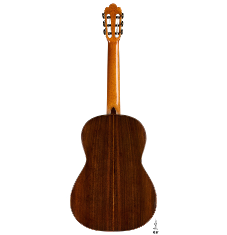The back of a 2025 Liuteria Frignani "1915 Enrique Garcia" classical guitar made of spruce and Indian rosewood