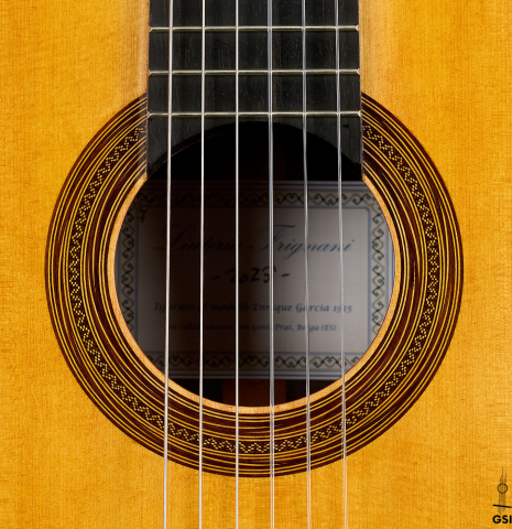 The rosette of a 2025 Liuteria Frignani "1915 Enrique Garcia" classical guitar made of spruce and Indian rosewood
