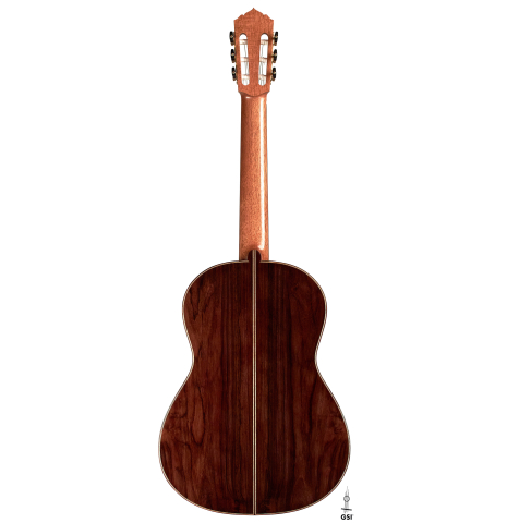 The back of a 2023 Hironori Fukuda classical guitar made with spruce and CSA rosewood on a white background