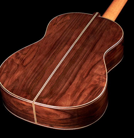The back and sides of a 2023 Hironori Fukuda classical guitar made with spruce and CSA rosewood