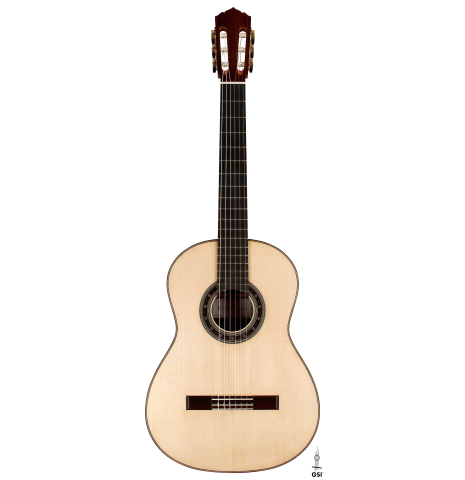 The front of a 2023 Hironori Fukuda classical guitar made with spruce and CSA rosewood on a white background