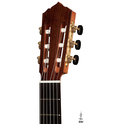 The headstock of a 2023 Hironori Fukuda classical guitar made with spruce and CSA rosewood on a white background