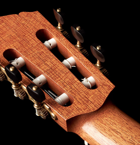 Tuning machines and back of the headstock of a 2023 Hironori Fukuda classical guitar made with spruce and CSA rosewood