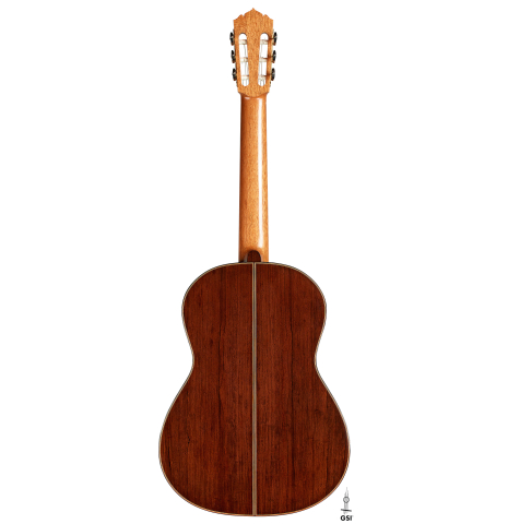 The back of a 2024 Hironori Fukuda classical guitar made of spruce and African rosewood