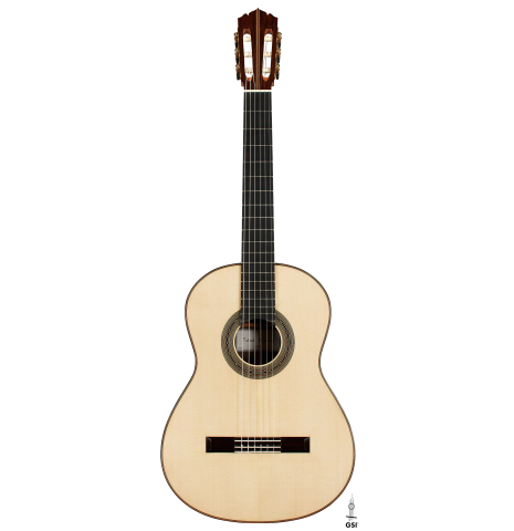 The front of a 2024 Hironori Fukuda classical guitar made of spruce and African rosewood