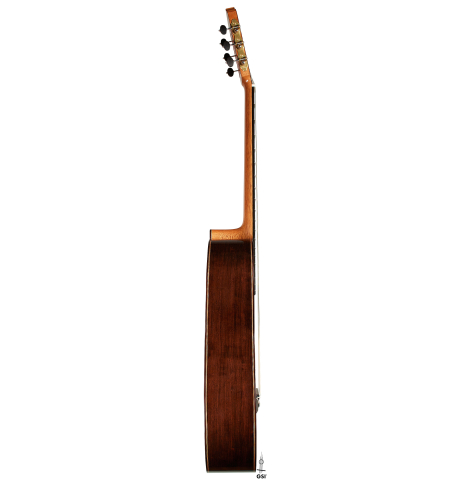 The side of a 2024 Hironori Fukuda classical guitar made of spruce and African rosewood