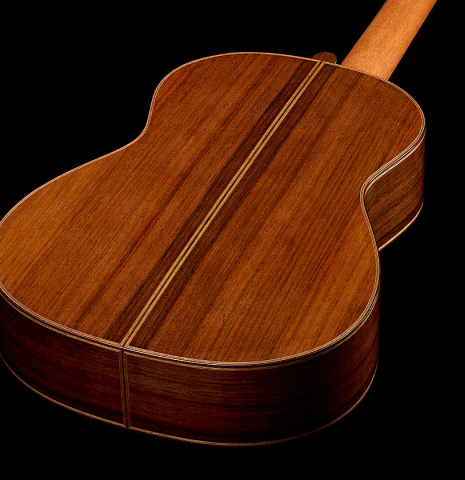 The back and sides of a 2026 Hironori Fukuda classical guitar made of spruce and African rosewood