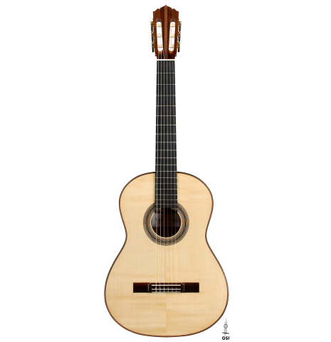 The front of a 2026 Hironori Fukuda classical guitar made of spruce and African rosewood