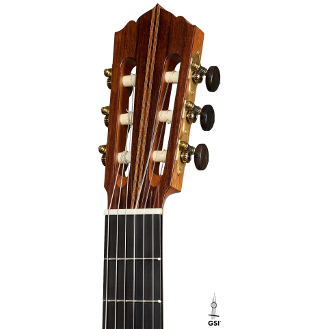 The headstock of a 2026 Hironori Fukuda classical guitar made of spruce and African rosewood