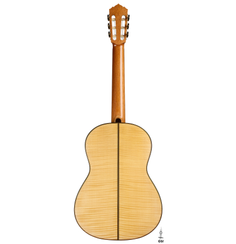The back of a 2026 Hironori Fukuda classical guitar made of spruce and maple