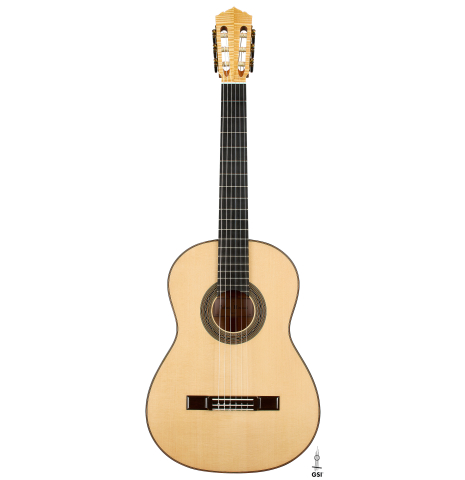 The front of a 2026 Hironori Fukuda classical guitar made of spruce and maple