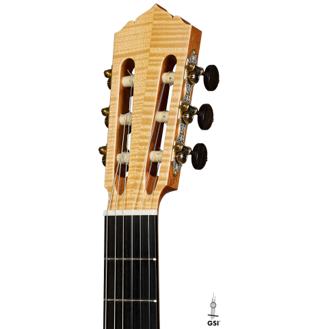 The headstock of a 2026 Hironori Fukuda classical guitar made of spruce and maple