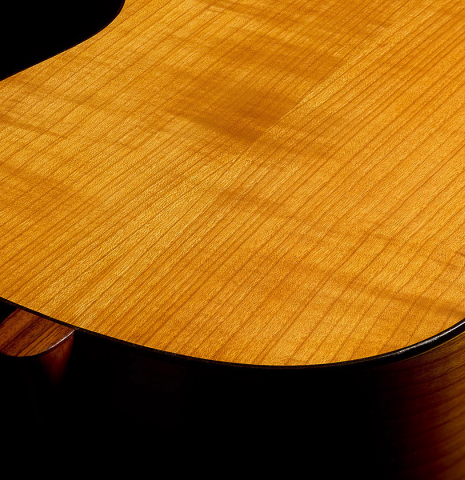 The heel, back binding and purfling of a 1968 Pietro Gallinotti classical guitar made of spruce and cherry